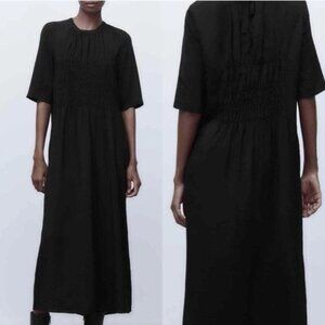 Zara Smocked Shirred Tie back Short Sleeve Black Midi Dress Size S